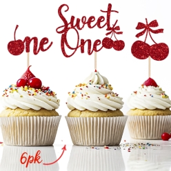 Cherry 1st Birthday Glittering Cupcake Picks 6pk